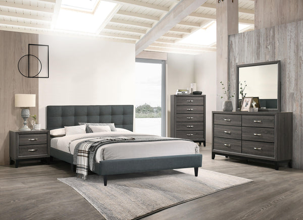 Chyuan Eastern King Bed/Charcoal Fabric in Charcoal/Espresso