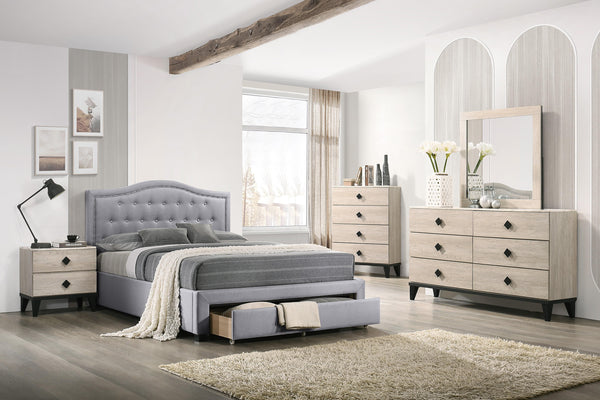 Liihcc Queen Bed W/Drawer-Light Grey Burlap in Light Grey / Black